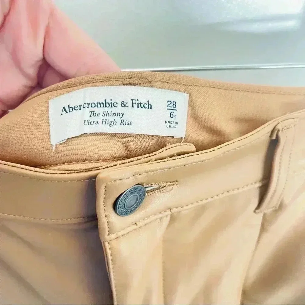 Abercrombie & Fitch The Skinny Ultra High Rise Faux Leather Split Hem Camel Tan